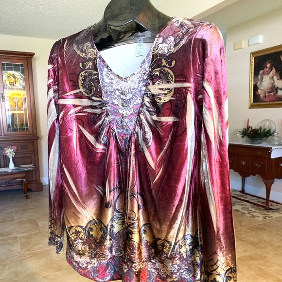 NWOT Style & Co Burgundy/Gold Poly Velveteen Print Top size Medium - 49.00 - Picture 4 of 6